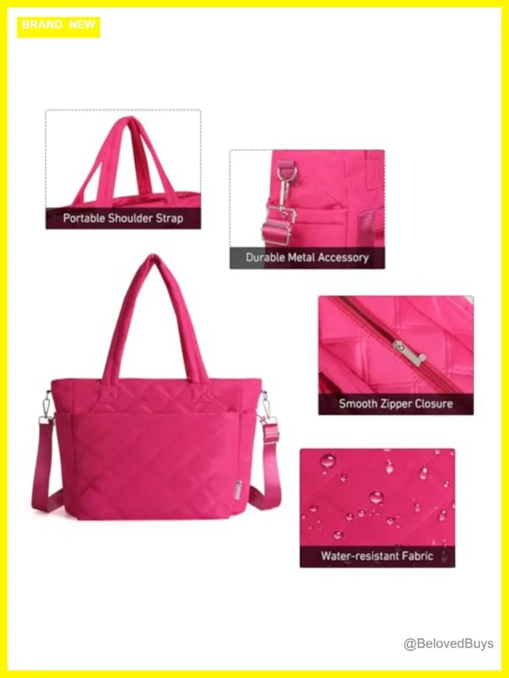 Lightweight Puffer Tote Bag with Zipper, Quilted Shoulder Bag, 9 Pockets